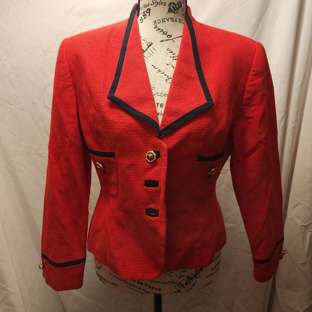 Albert Nipon Petite Suits 10P Red Blazer with Gold Button Details